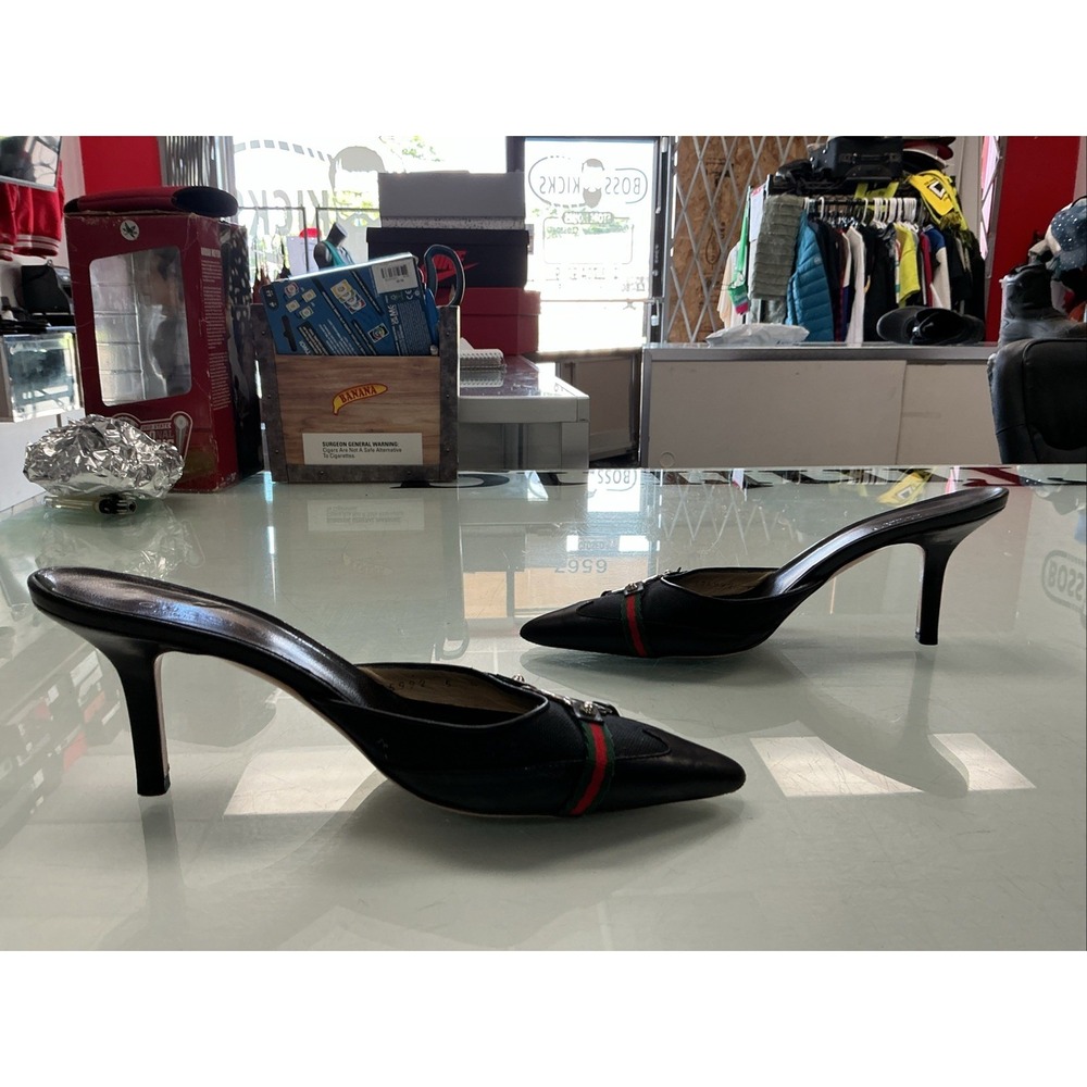 Gucci | Auth Black Leather Canvas Pointed Toe Ribbon Size 5 - Picture 3 of 7